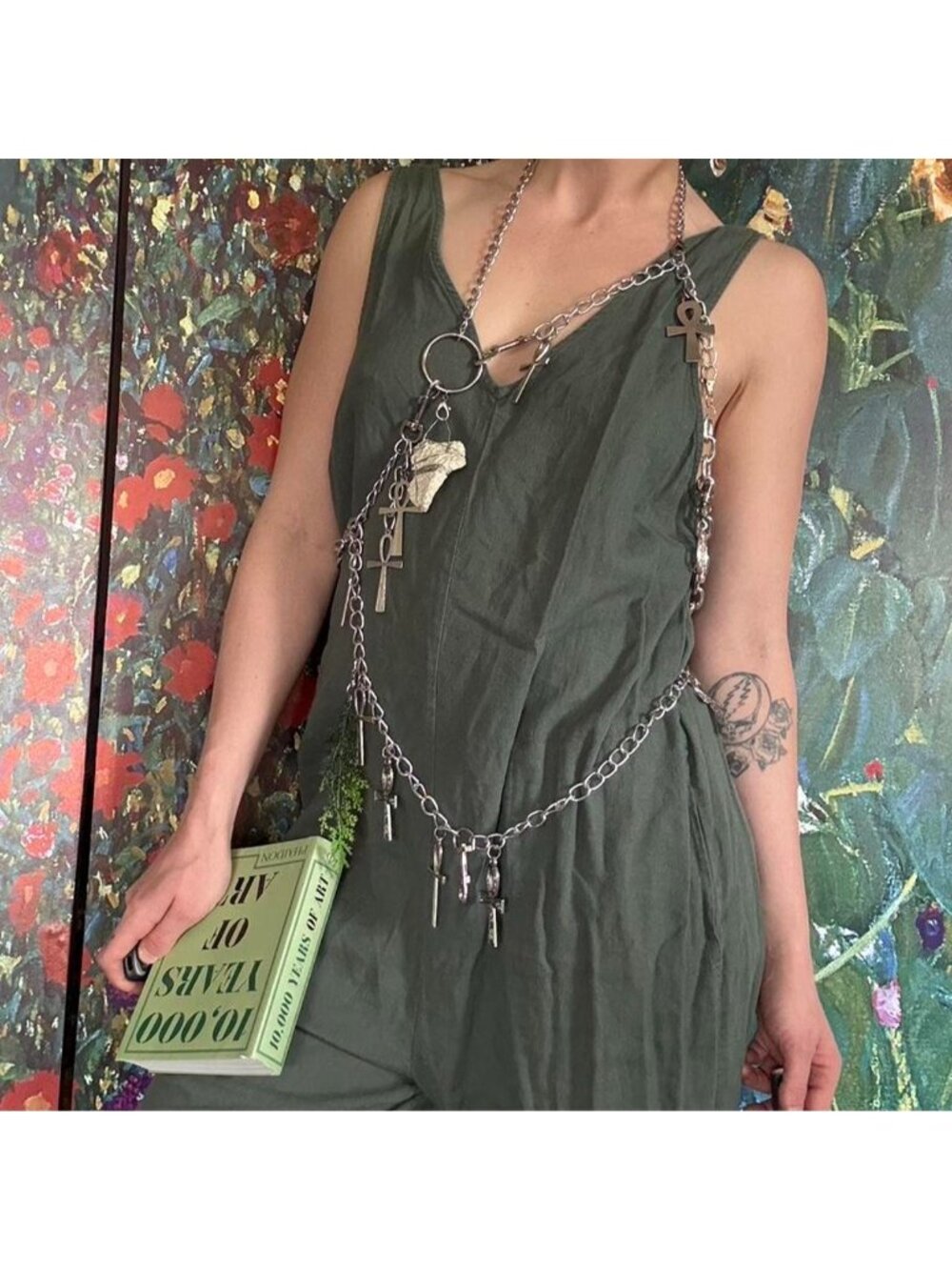 Green linen jumpsuit with pockets